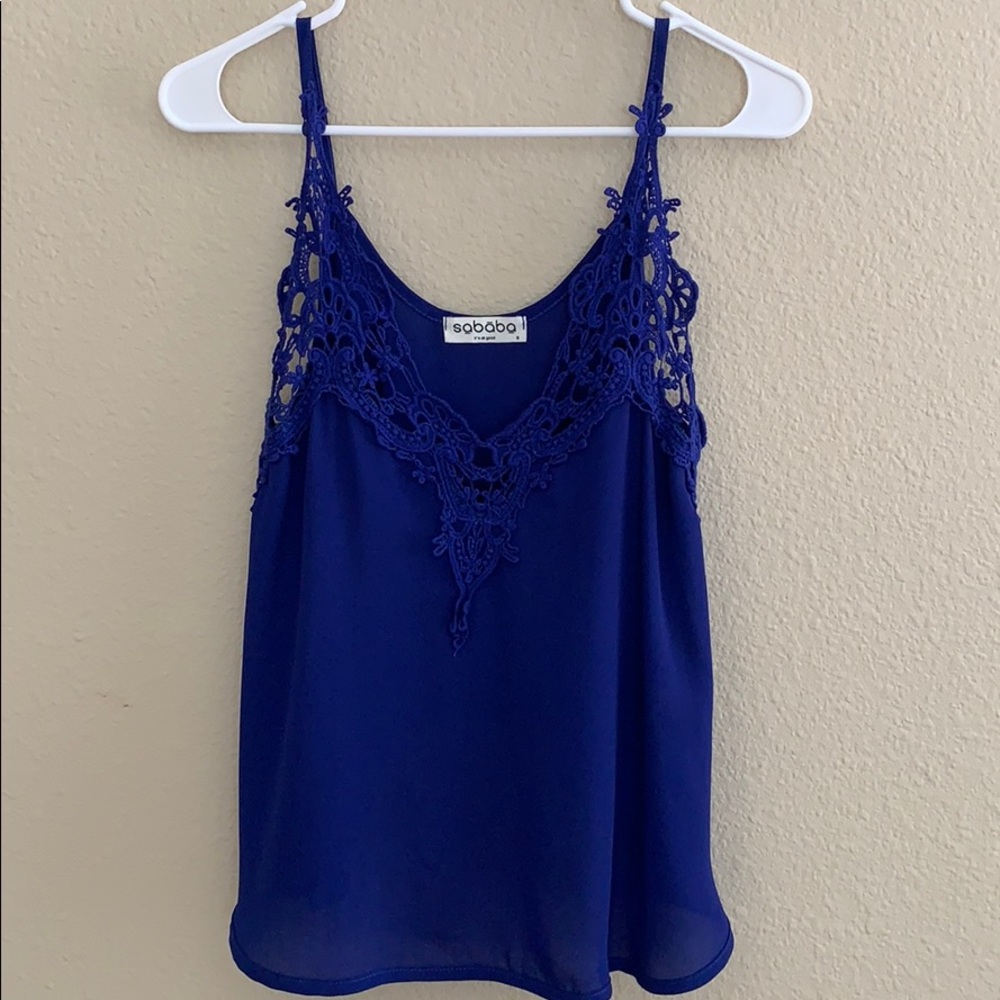 SABABA Women’s Spaghetti Strap Blue Lace Top Size S EUC